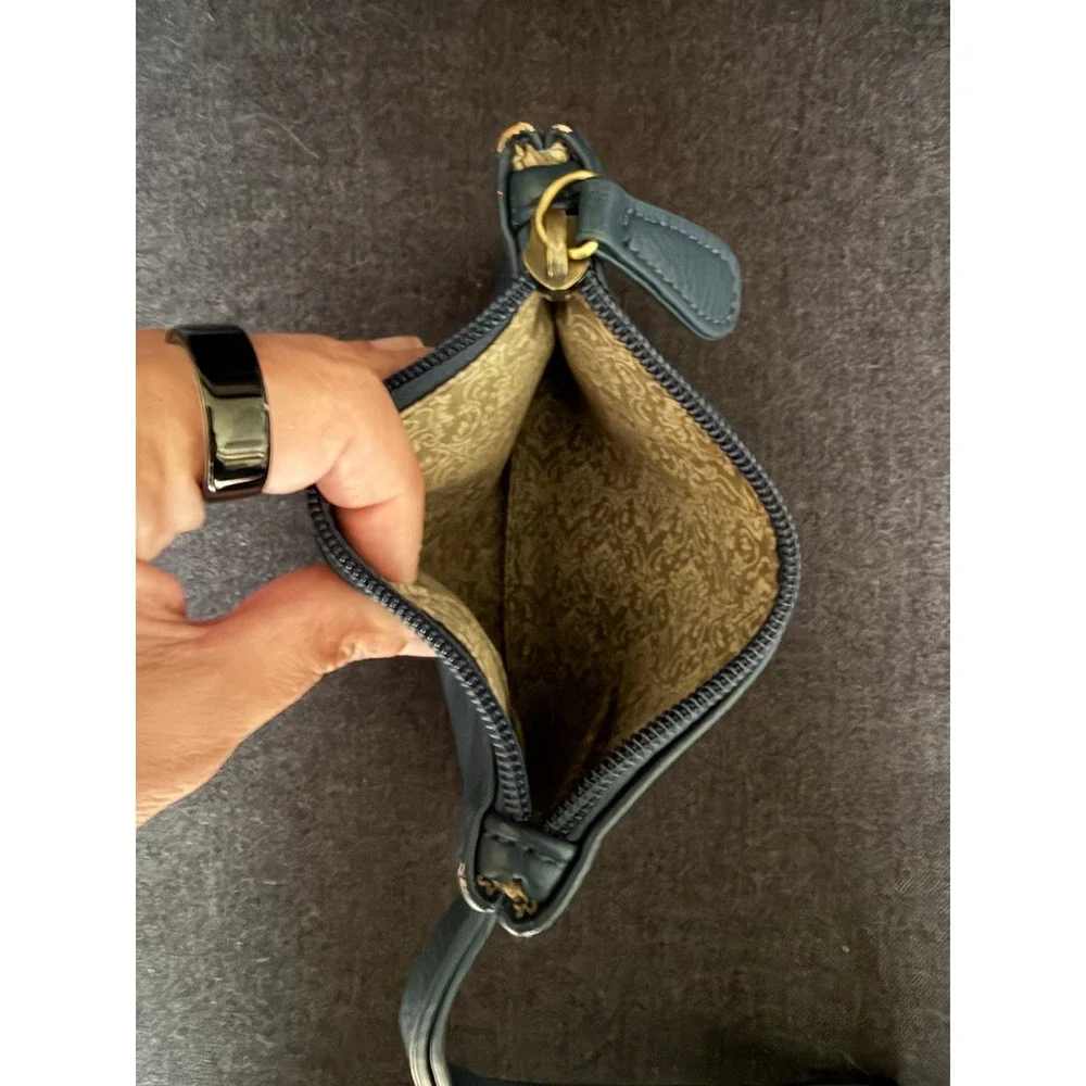Navy Blue Vegan Leather Wristlet Pouch Zippered Mini Clutch with Damask Lining